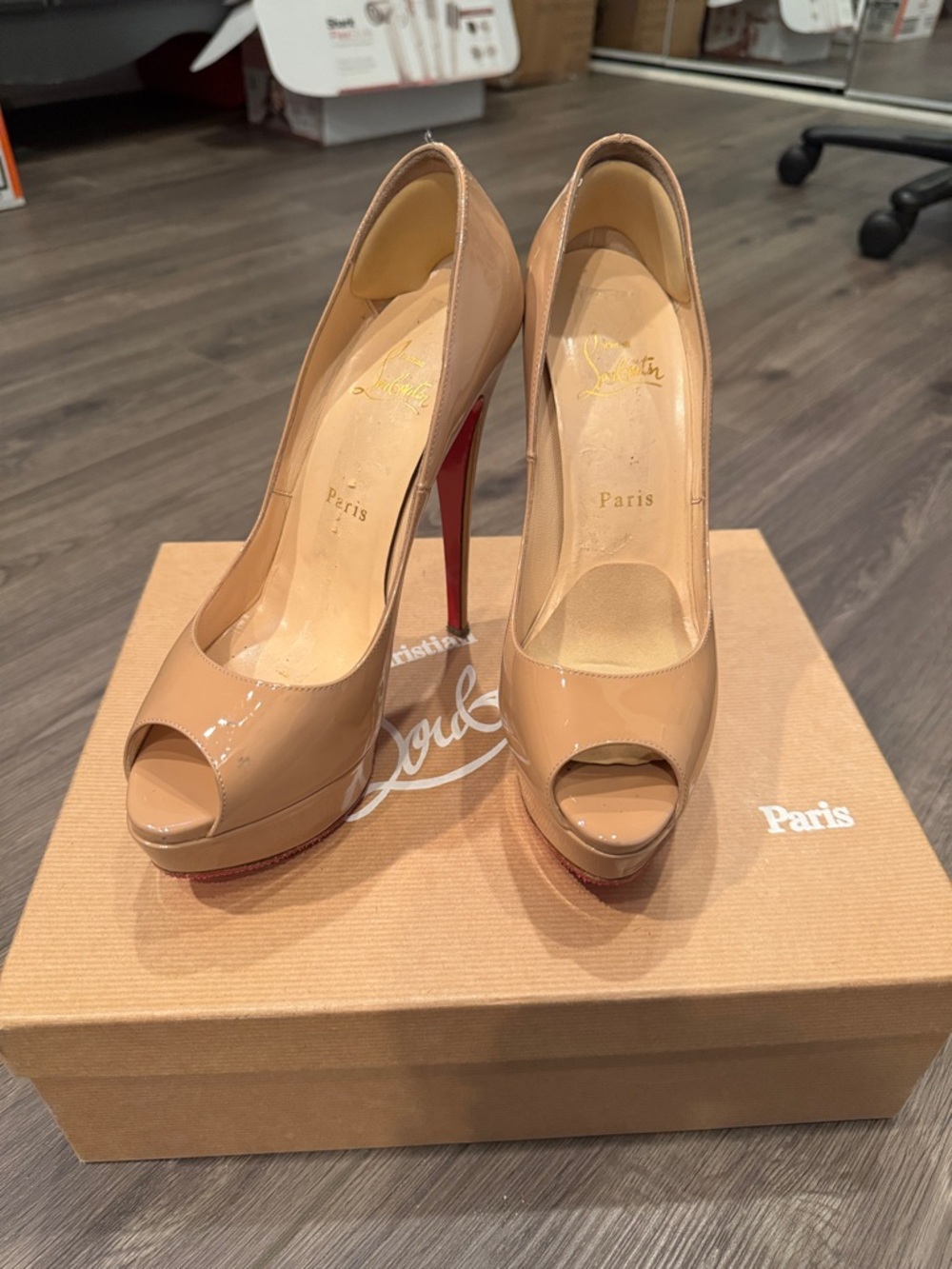 Christian Louboutin Nude Patent Leather Peep-Toe Pumps with Red Soles